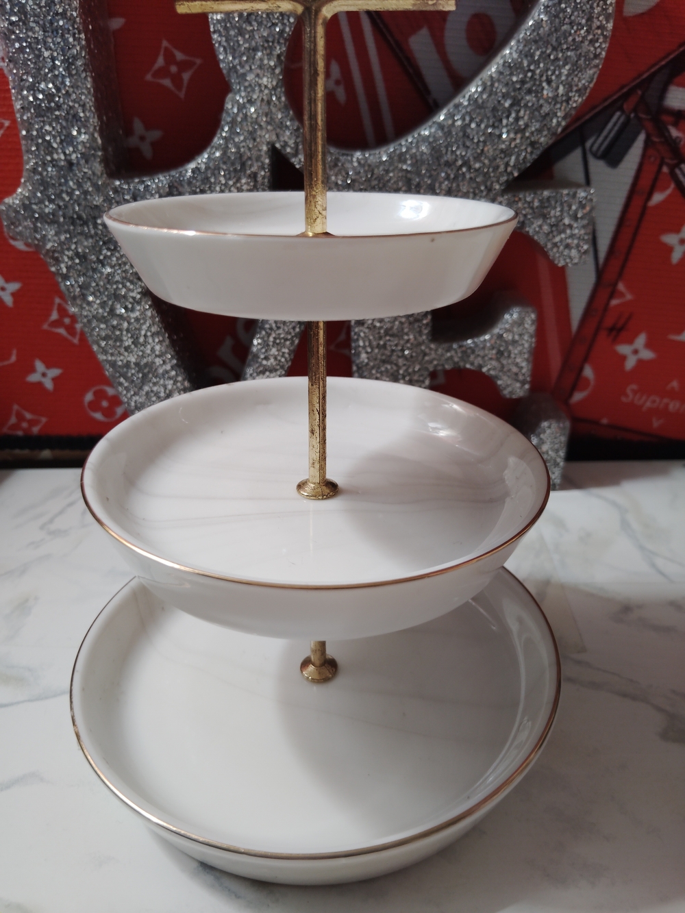 Three-Tier White and Gold Ceramic Serving Stand